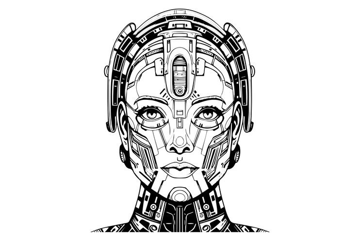 Vettore cyborg robot ai disegnato a mano in un'illustrazione vettoriale in stile inciso vintage senza tempo