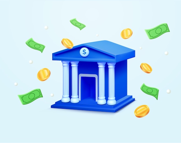 D edificio bancario o finanziario con dollari e monete galleggianti isolati sullo sfondo