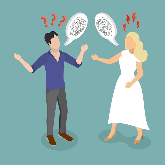 D illustrazione a vettore piatto isometrico di incomprensioni nelle relazioni che portano a malcomunicazione