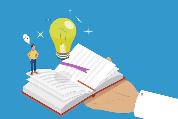 D illustrazione concettuale a vettore piatto isometrico di un libro di lettura per l'ispirazione, l'immaginazione e