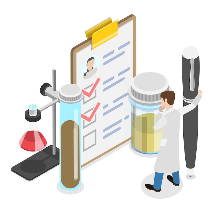 Vettore d illustrazione piatta isometrica di prove mediche elemento di analisi di laboratorio chimico