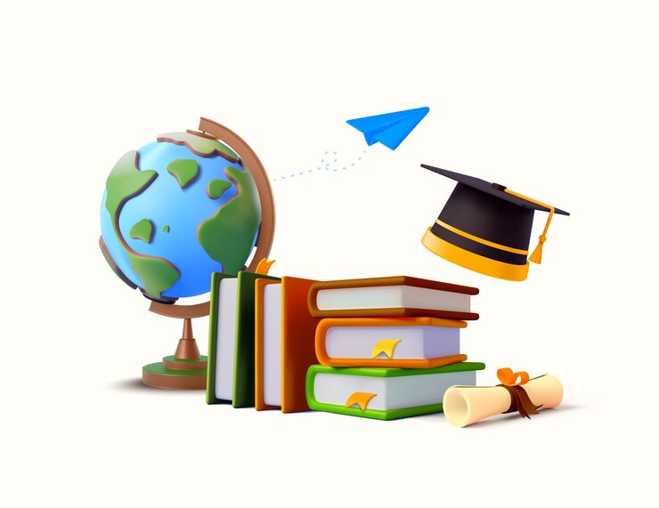 D libri e cappello di laurea o cappello calcolatrice diploma terra carta piano isolato sullo sfondo