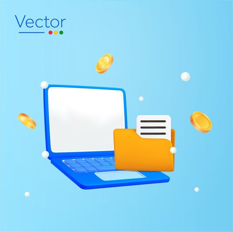 D portatile con cartella e file monete galleggianti isolate sullo sfondo concetto di progettazione per computer