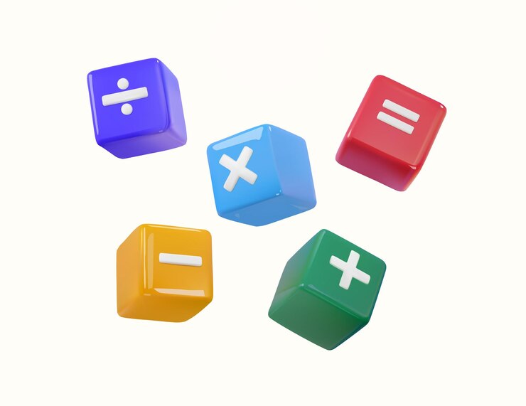 D rappresentato colorato simbolo di calcolo matematico di base in forma di cubo più e meno moltiplicazione