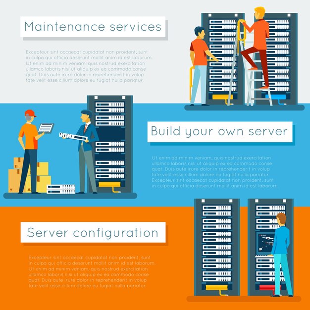 Data center e hosting di banner vettoriali impostati. Database di rete Internet, configurazione e manutenzione