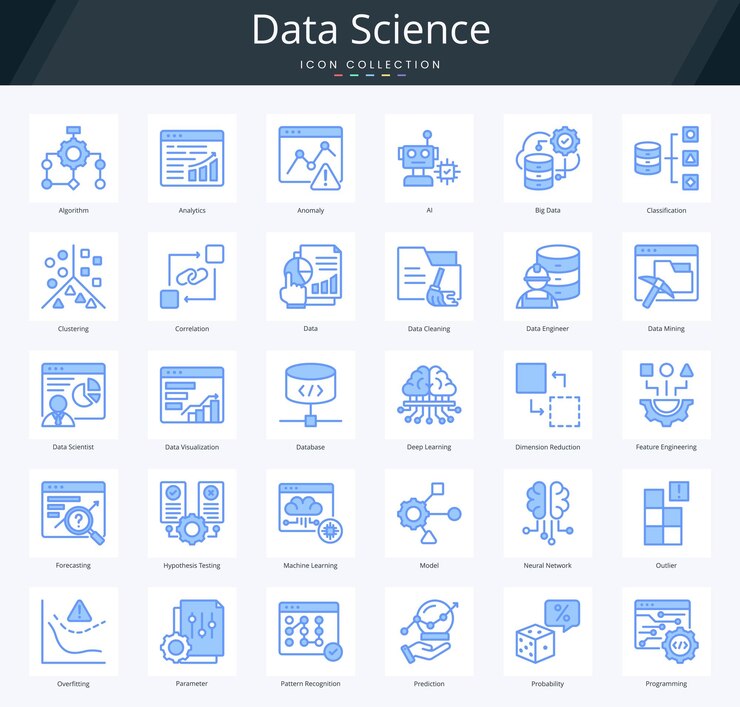 Data science lineal blue icon pack per l'analisi predittiva e la gestione dei database