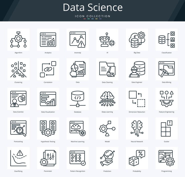 Data science outline icon pack per l'analisi predittiva e la gestione dei database