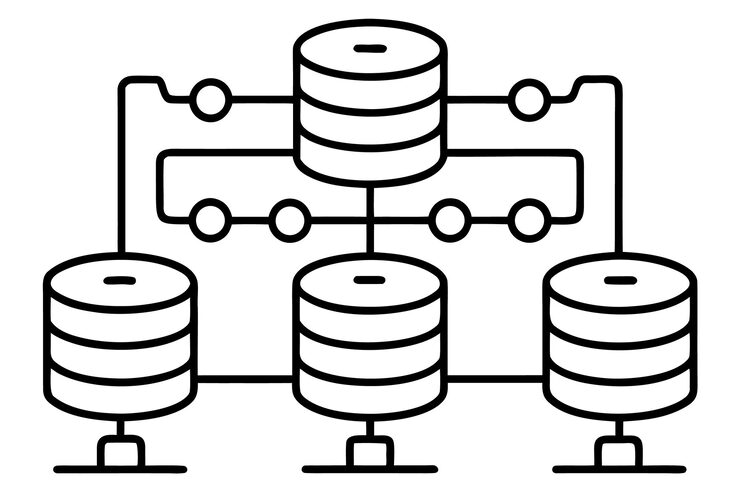 Vettore database architecture with stacked cylinders and circular nodes connected by lines server network