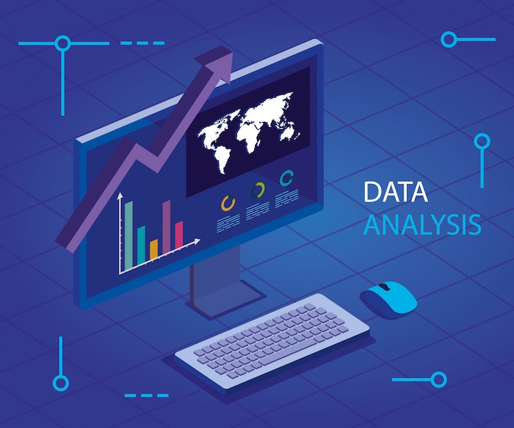Vettore dati di analisi con computer e infografica