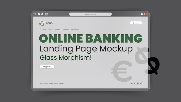 Vettore davy grey vector online banking landing page mockup presentazione con effetto di morfismo di vetro smerigliato