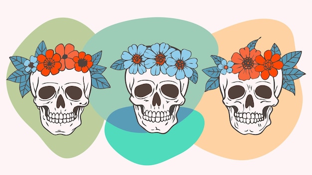 Day of the Dead crani con corone di fiori in stile boho retro Vibrant design a tema eventi stampa