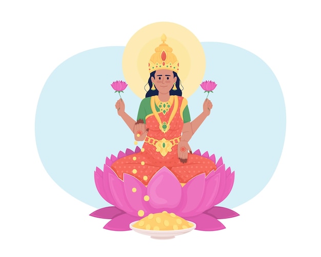 Dea Lakshmi sull'illustrazione isolata del vettore 2D del fiore di loto