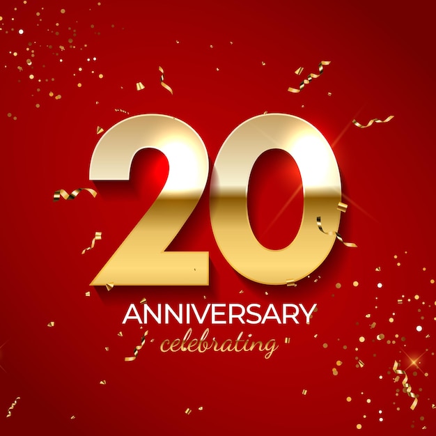 Decorazione di celebrazione di anniversario, numero d'oro 20 con coriandoli, glitter e nastri di stelle filanti su sfondo rosso.