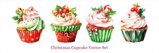 Decorazione di cupcake natalizia ad acquerello con arco e crema verde rossa per le vacanze festive