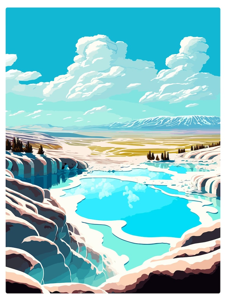 Vettore decorazione di pamukkale poster di viaggio vintage souvenir cartolina ritratto pittura wpa illustrazione