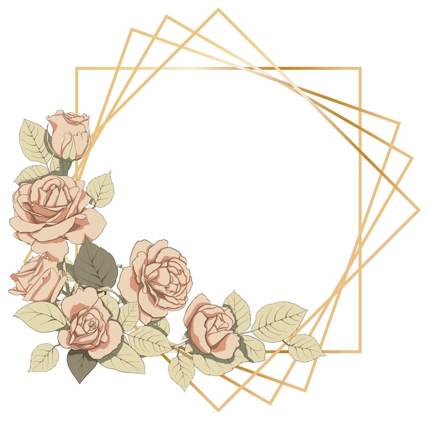 Decorazione floreale con cornice dorata. Cornice di rose e foglie per la progettazione di inviti, biglietti, carta, libri, siti Web, decorazioni, design, ecc. Grafica vettoriale