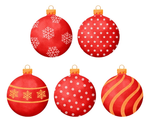 Decorazione in stile acquerello rosso palle di Natale isolato su priorità bassa bianca.