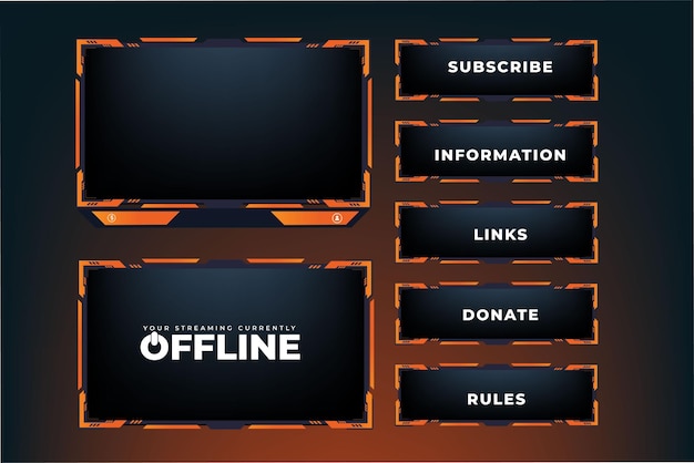 Decorazione moderna della cornice del gioco con forme di colore arancione su sfondo scuro Design in sovrapposizione per lo streaming di giochi dal vivo per il pannello dello schermo della trasmissione Cornice per la sovrapposizione dello streaming e decorazione dell'interfaccia dello schermo