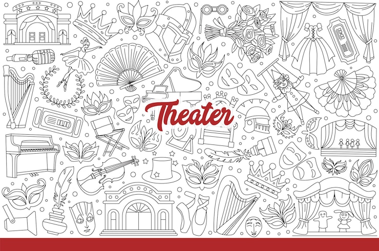 Vettore decorazione teatrale e attrezzature o abbigliamento per artisti teatrali disegnato a mano