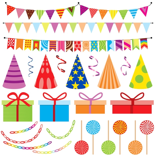 Decorazioni colorate per feste di compleanno e regali Elementi di design Vector
