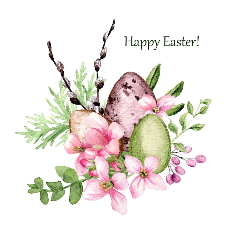 Vettore decorazioni di pasqua, tre uova di pasqua con salice e fiori, illustrazione dell'acquerello disegnato a mano.