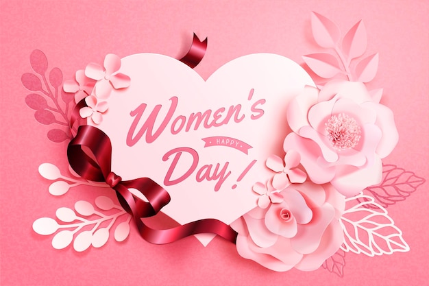 Decorazioni floreali per la festa della donna con note a forma di cuore in stile art paper, cartolina d'auguri di illustrazione 3d in tonalità rosa
