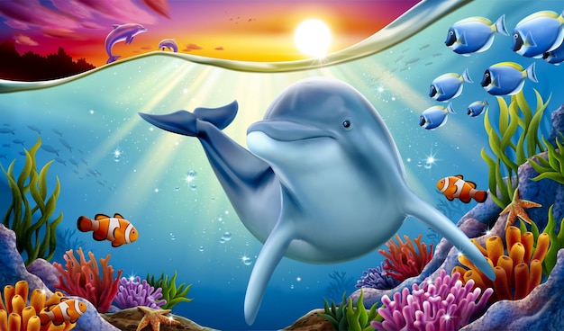 Delfino che gioca alla barriera corallina