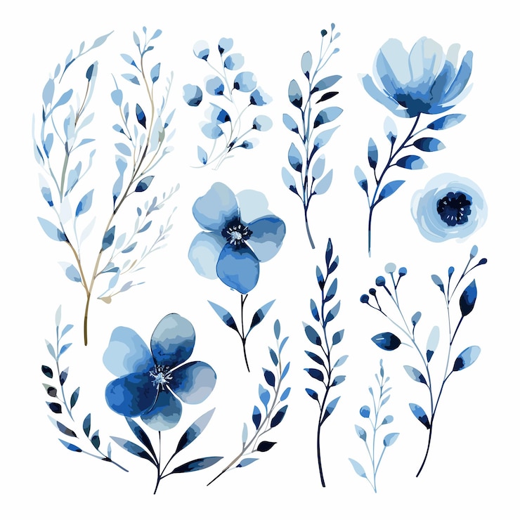 Vettore delicati fiori ad acquerello blu e blu navy