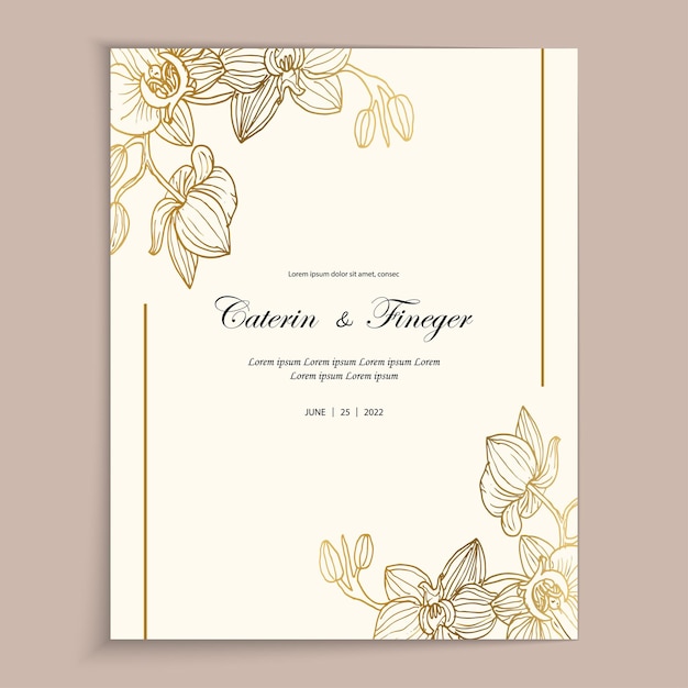 Delicato modello di biglietto di auguri vintage con fiori d'oro per il matrimonio