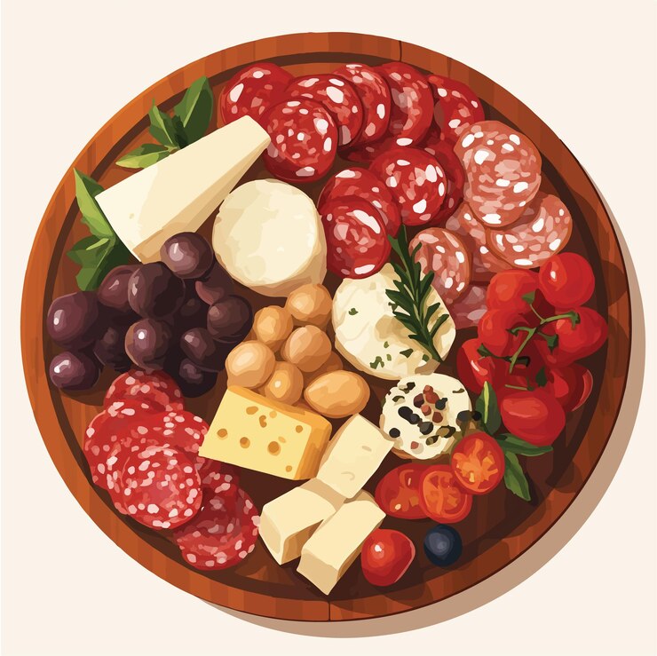 Vettore delicious antipasto platter con carne curata e formaggi illustrazione vettoriale