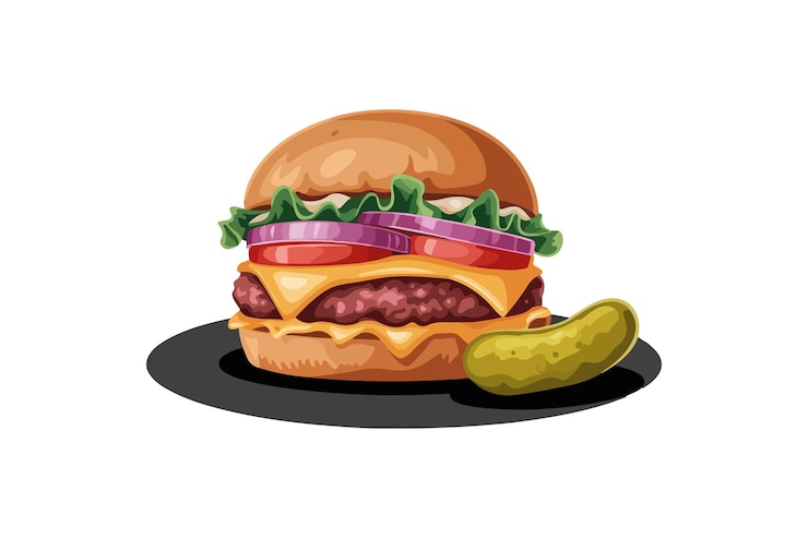 Vettore delicious cheeseburger with pickle on a plate