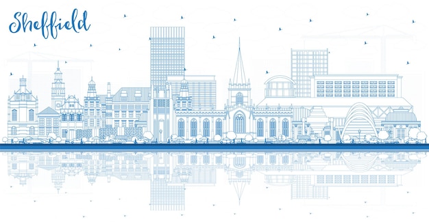 Delineare lo skyline della città di Sheffield nel Regno Unito con edifici blu e riflessi Paesaggio urbano di Sheffield South Yorkshire con punti di riferimento Concetto di viaggi e turismo con architettura storica