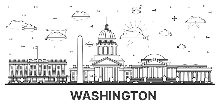 Vettore delineare lo skyline della città di washington dc con edifici storici e riflessi isolati su illustrazione vettoriale bianca