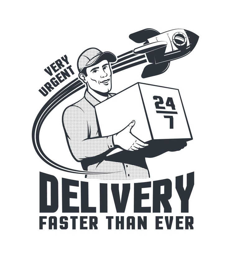 Vettore delivery man courier retro logo con razzo