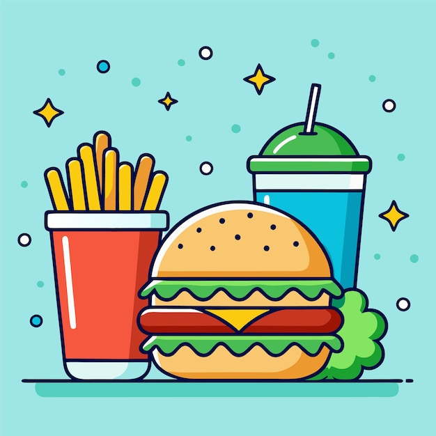 Deliziosa combinazione di fast food con hamburger fritti e illustrazione vettoriale di bevande