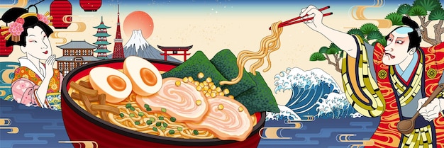 Deliziosa illustrazione della bandiera del brodo di ramen tonkotsu in stile ukiyoe