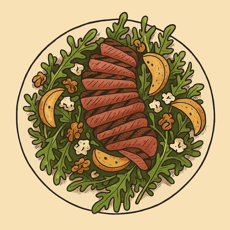 Vettore deliziosa insalata di bistecca alla griglia con noci di arugula e illustrazione di frutta