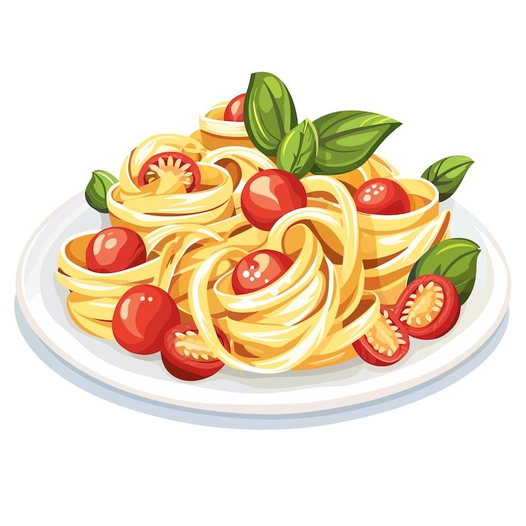 Vettore deliziosa pasta tagliatelle con pomodori di ciliegio e basilico