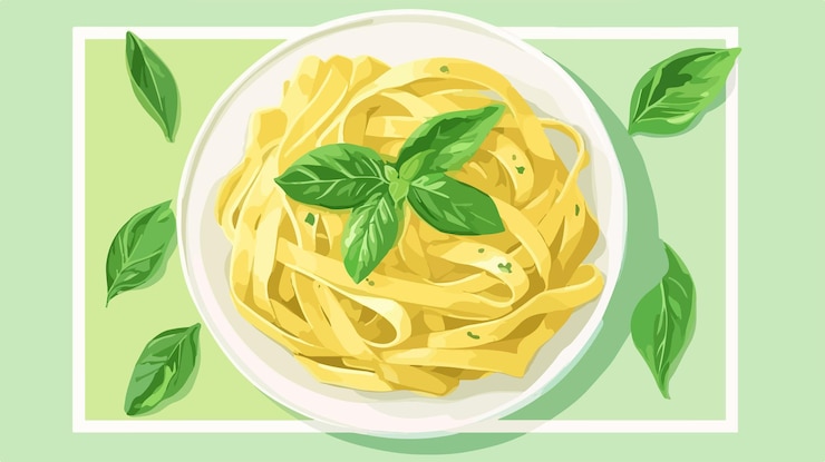 Vettore deliziosa pasta tagliatelle fresca con salsa di basilico e pesto isolato