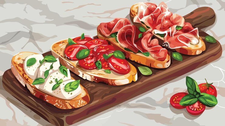 Vettore deliziose bruschette con prosciutto su tavola da taglio