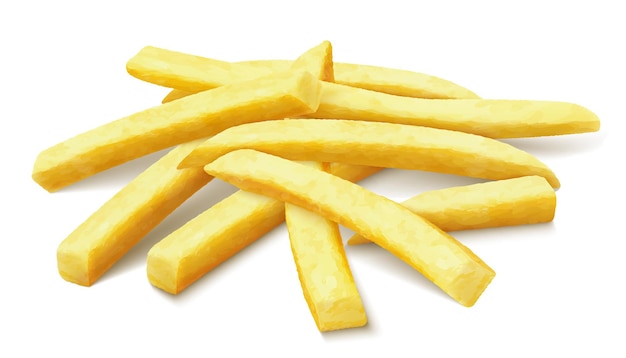 Deliziose patatine fritte Le patatine fregate sono patate fritte gialle isolate su uno sfondo bianco