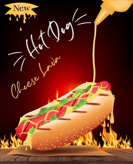 Deliziosi annunci di formaggio hot dog e ingredienti su legno con fuoco ardente