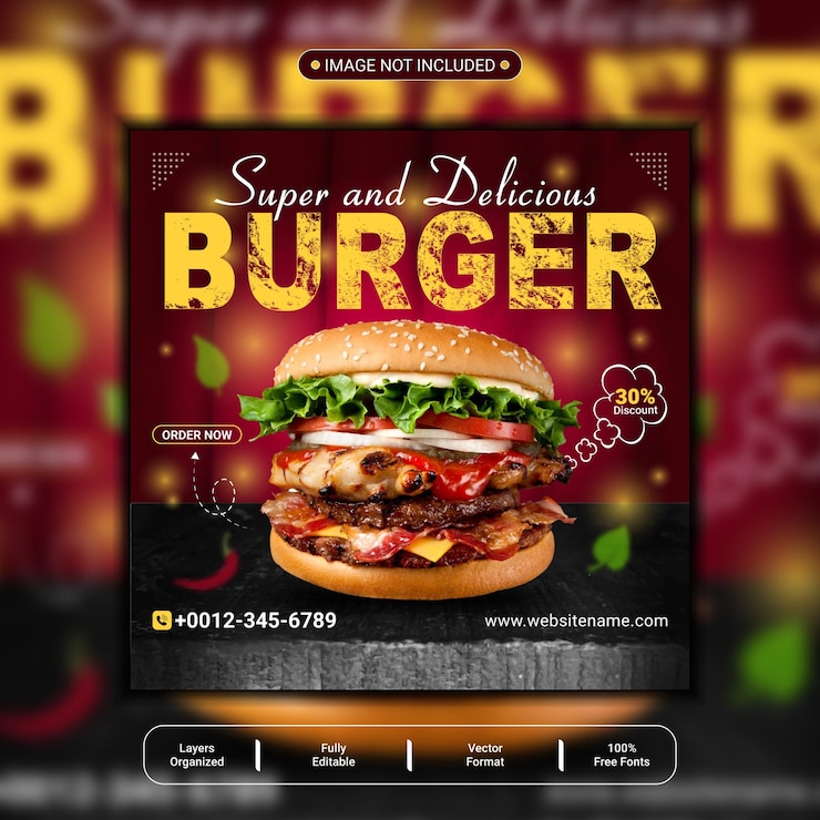 Vettore deliziosi hamburger e menu di cibo banner post sui social media o modello di banner alimentare quadrato modificabile