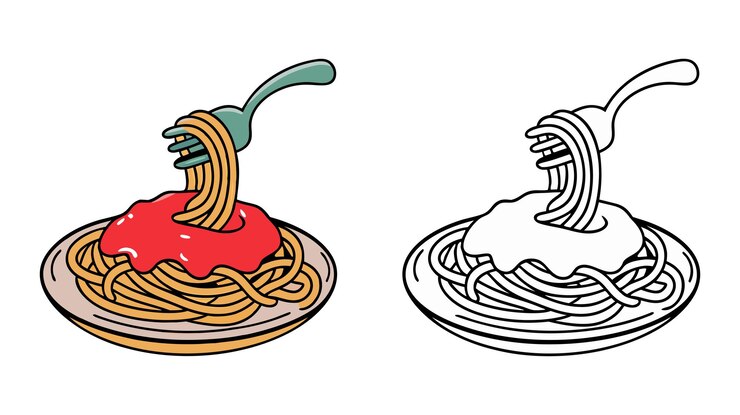 Deliziosi spaghetti sul piatto con salsa di pomodoro e forchetta Pasta italiana Illustrazione alimentare Tasty Noo