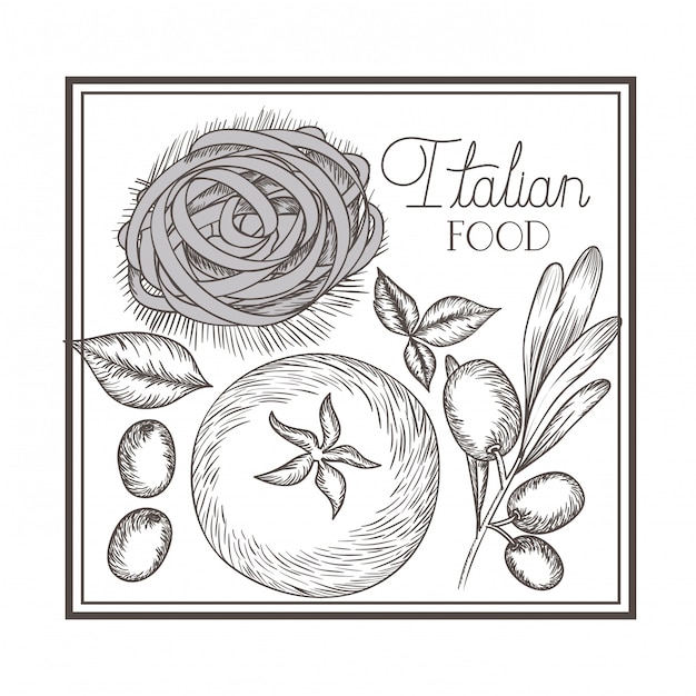 Delizioso cibo italiano nel disegno