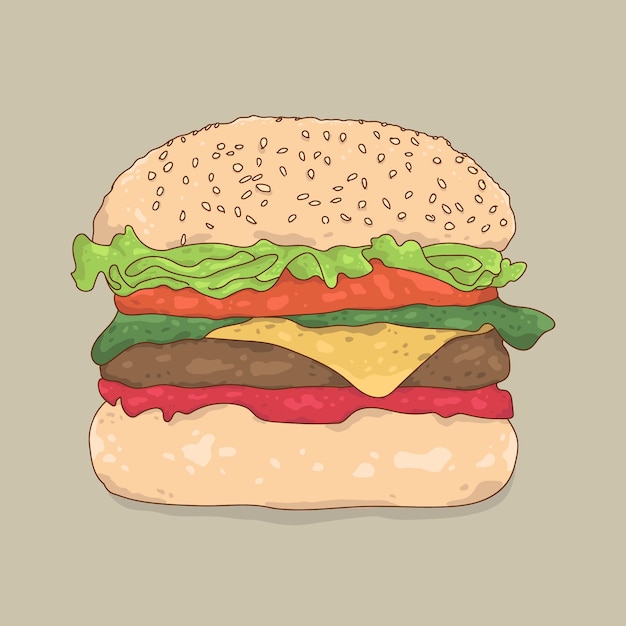 Delizioso classico cheeseburger di manzo disegnato a mano personaggio dei cartoni animati illustrazione vettoriale