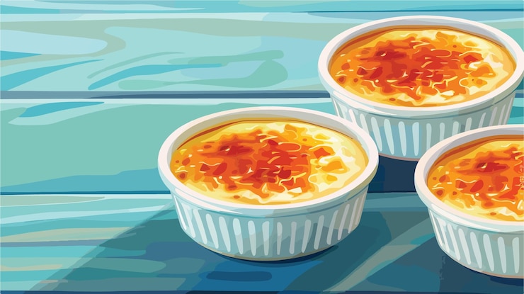 Vettore delizioso creme brulee in ciotole su un tavolo di legno blu chiaro