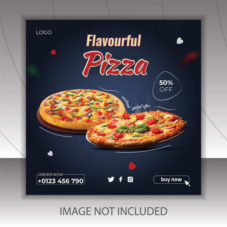 Delizioso design del modello di social media per menu di pizza e cibo
