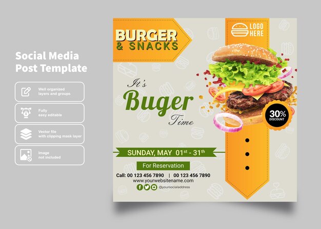 delizioso fast food hamburger post e volantino per il modello di post sui social media