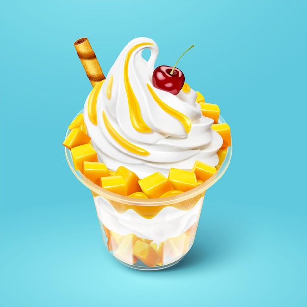 Delizioso gelato al mango isolato sulla superficie blu nell'illustrazione 3d